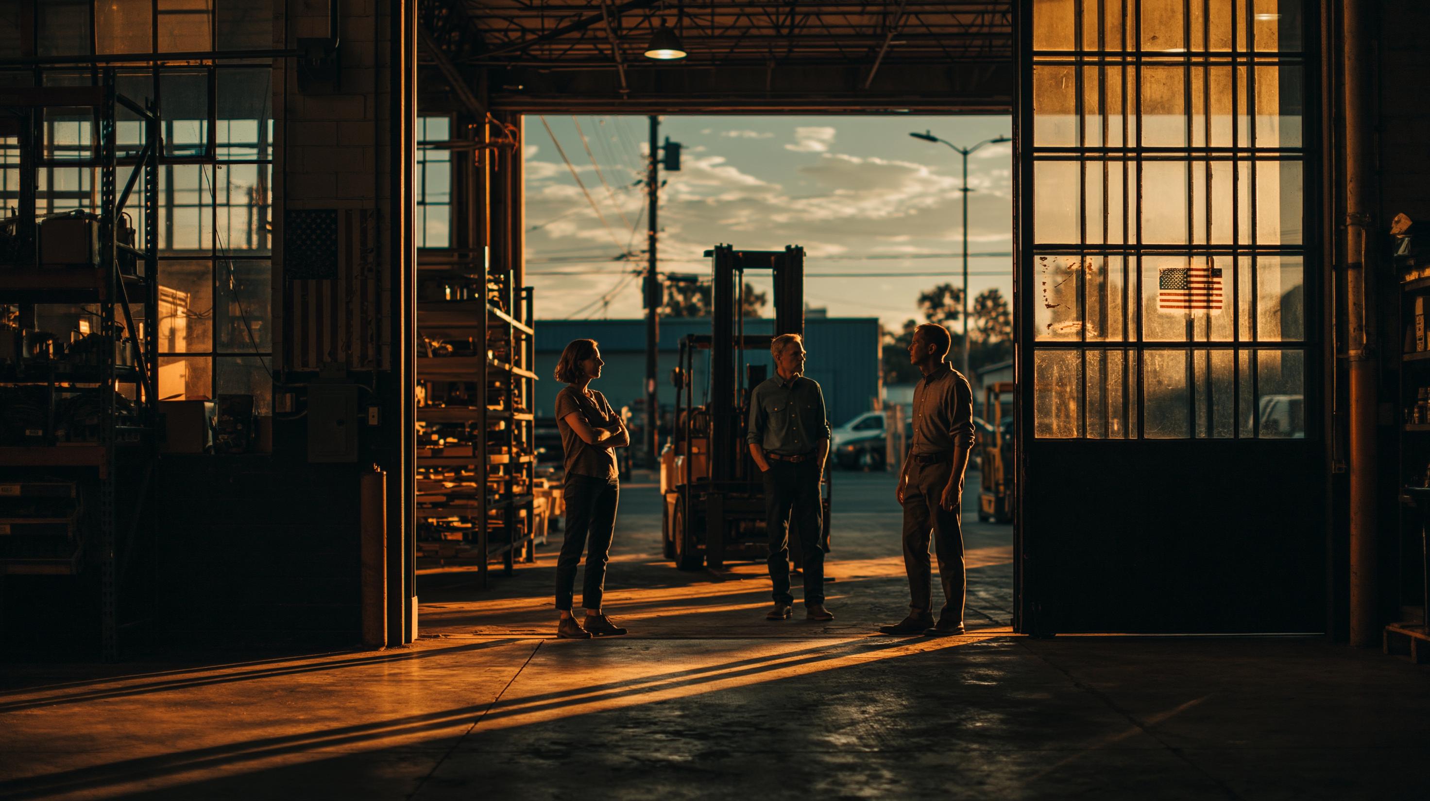 an advisor and two owners standing in a warehouse loading dock