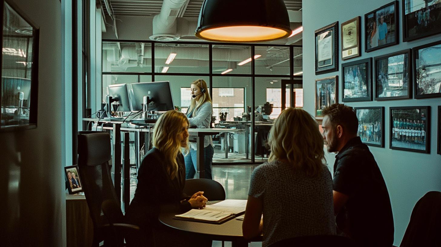 Advisor and couple at insurance agency